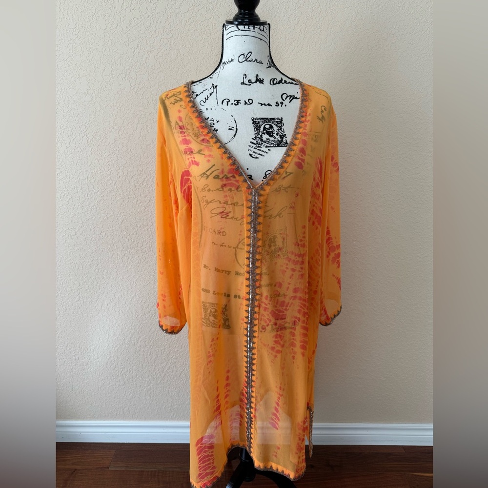 Soft Surroundings Beaded Orange Tie Dye, Swimsuit Coverup -Size Large